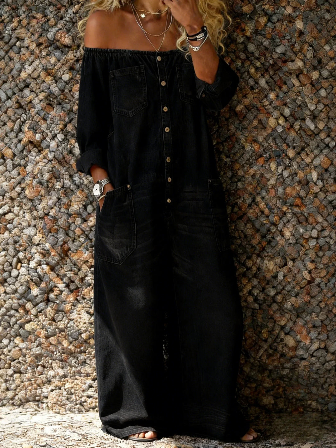 Noa | Denim Overalls with Off-Shoulder Neckline