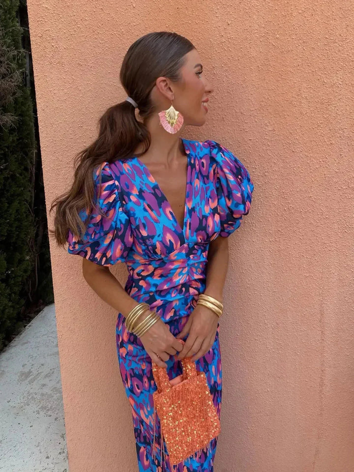 Laluna | Colorful Dress with Pleated Sleeves