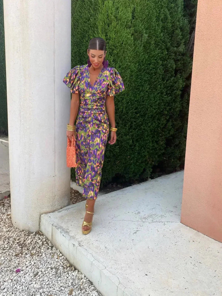 Laluna | Colorful Dress with Pleated Sleeves