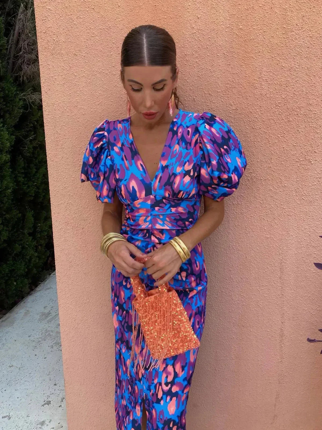 Laluna | Colorful Dress with Pleated Sleeves