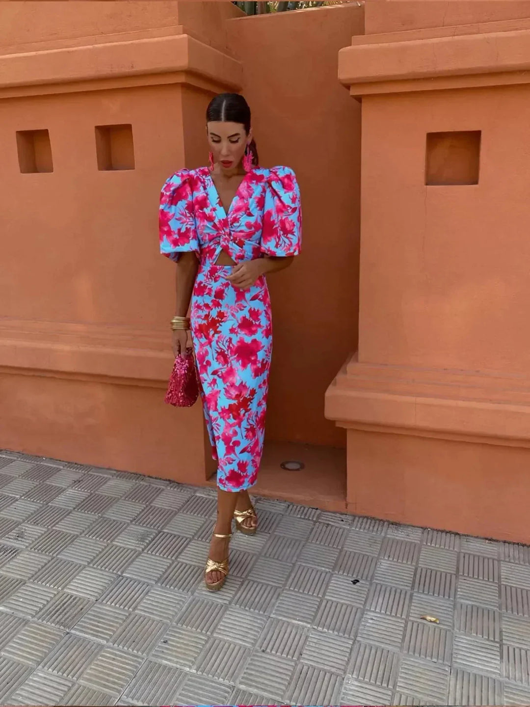 Laluna | Colorful Dress with Pleated Sleeves