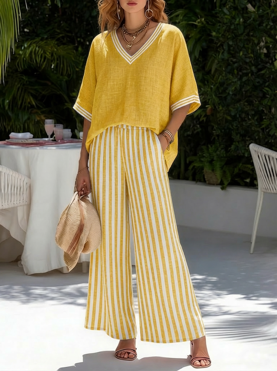 Amélia | Striped Linen and Cotton Set, Elegant and Casual