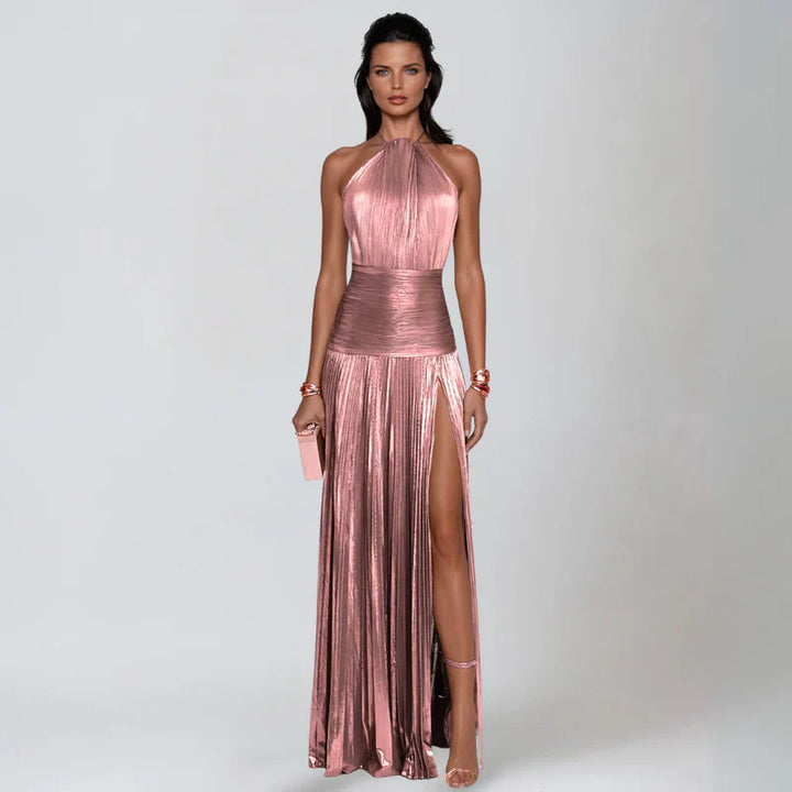 Emma | Metallic Backless Halter Dress