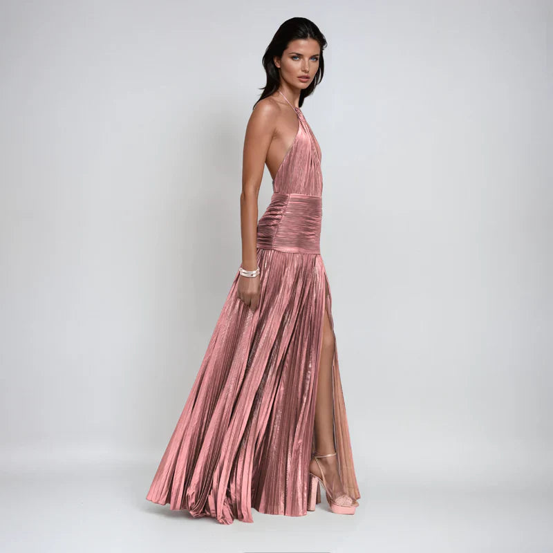 Emma | Metallic Backless Halter Dress